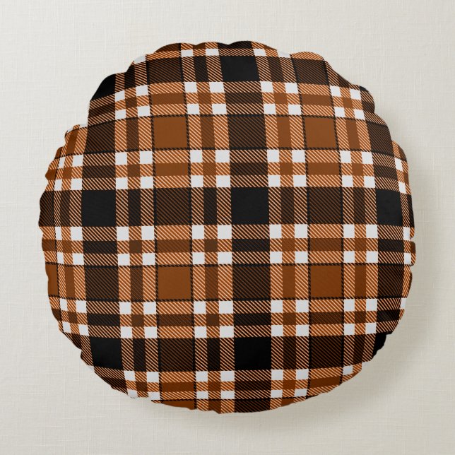 Brown Black White Flannel Tartan Pattern Design  Round Cushion (Front)