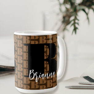 Brown Black White Script Name Bold Letter Initial  Coffee Mug