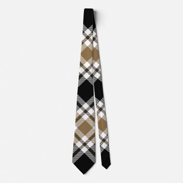 Brown, Black, White Tartan Plaid Pattern Tie (Front)