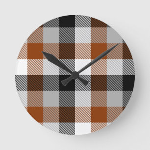 Brown Black White Twill Gingham Design Round Clock