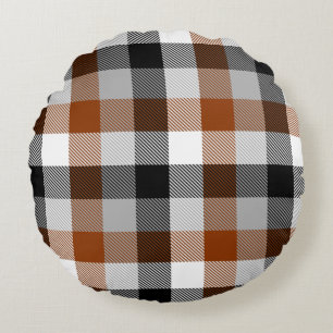 Brown Black White Twill Gingham Design Round Cushion