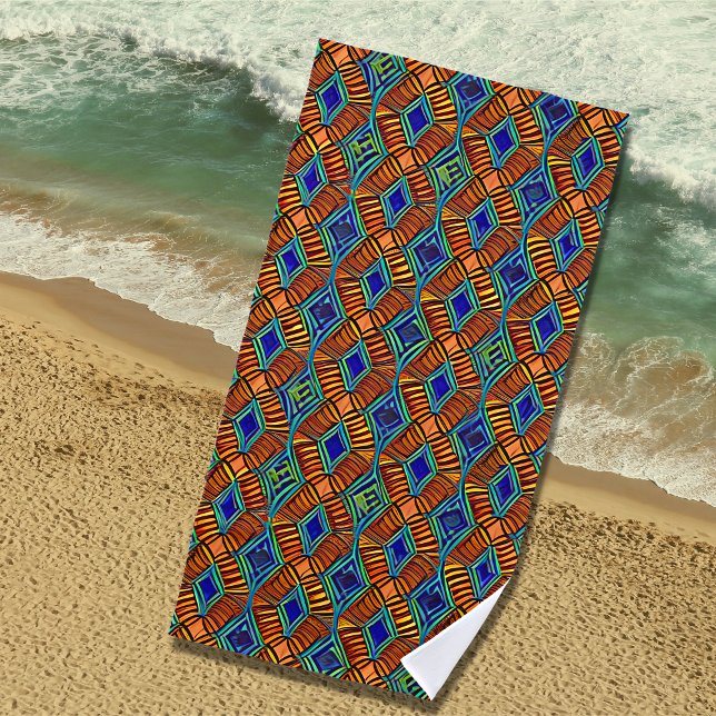 Brown Blue Abstract African Tribal Geometric Beach Towel (Creator Uploaded)