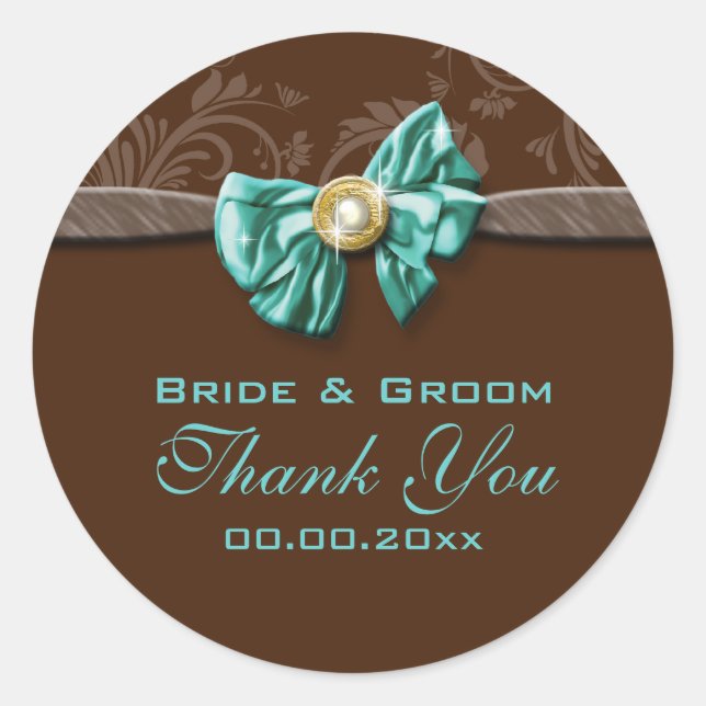 Brown blue aqua wedding engagement classic round sticker (Front)