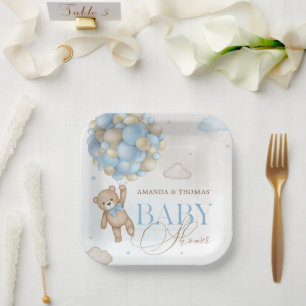 Brown Blue Bear Balloons Baby Shower  Paper Plate