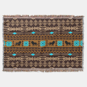 Brown Blue & Beige African Lion tribal Pattern Throw Blanket