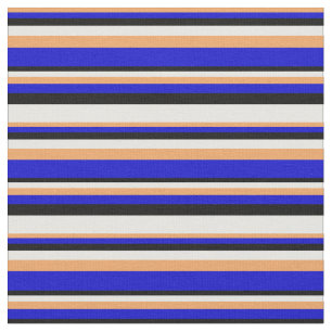 Brown, Blue, Black & White Stripes Pattern Fabric