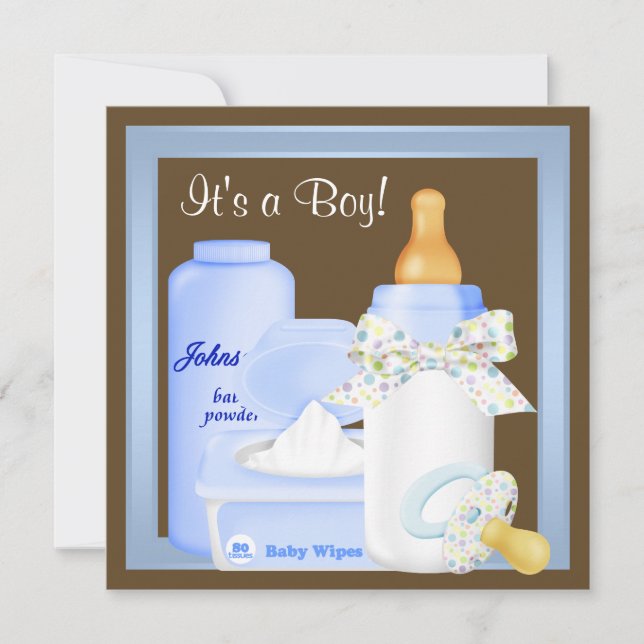 Brown Blue Bottle Pacifier Baby Boy Shower Invitation (Front)