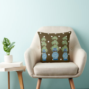 Brown Blue Chinoiserie Orange Topiary   Cushion