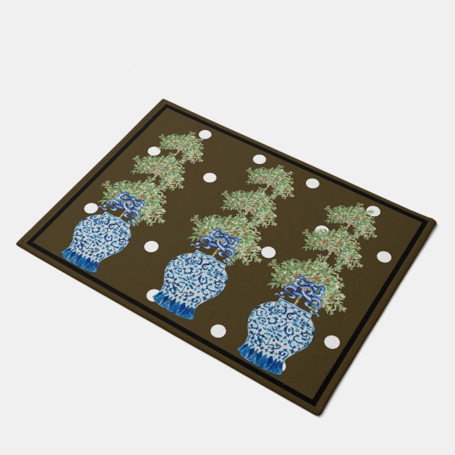 Brown Blue Chinoiserie Orange Topiary Doormat (Angled)
