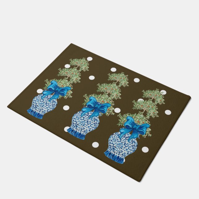 Brown Blue Chinoiserie Orange Topiary Doormat (Angled)