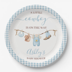 Brown Blue Cothesline Cowboy Baby Shower Paper Plate