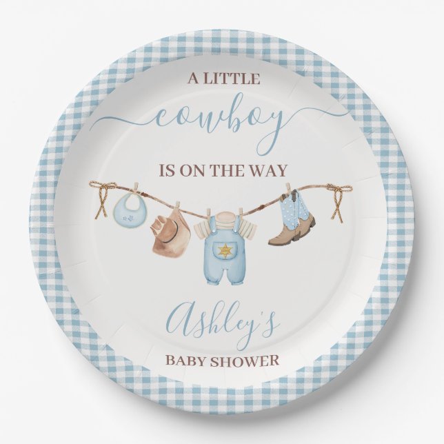 Brown Blue Cothesline Cowboy Baby Shower  Paper Plate (Front)