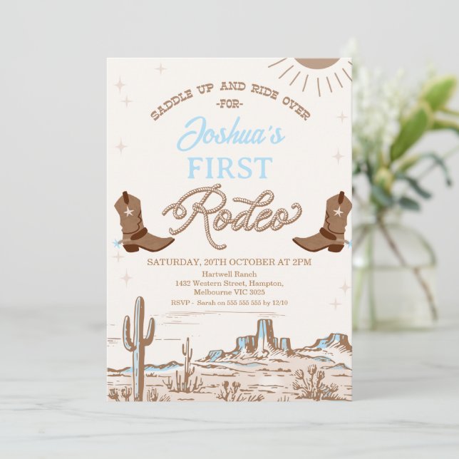 Brown Blue Cowboy Boots First Rodeo 1st Birthday Invitation (Standing Front)