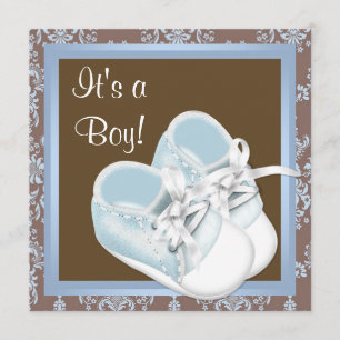 Brown Blue Damask Shoes Baby Boy Shower Invitation