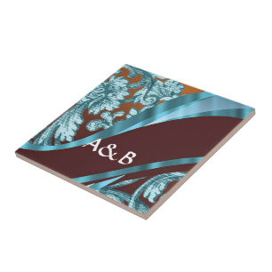 Brown & blue floral damask pattern tile