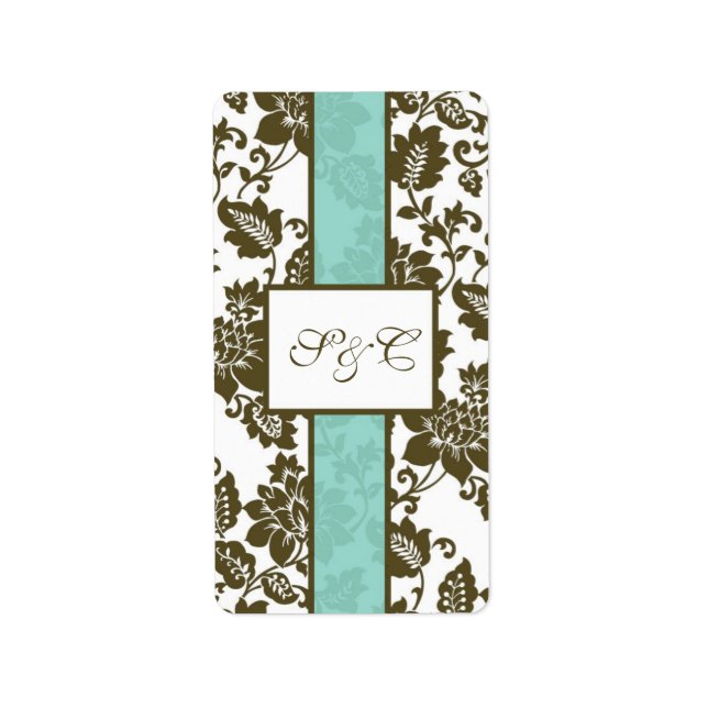 Brown/Blue Floral Damask Wedding Candy Wrapper Label (Front)