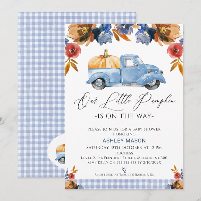 Brown Blue Floral Little Pumpkin Truck Baby Shower Invitation (Front/Back)