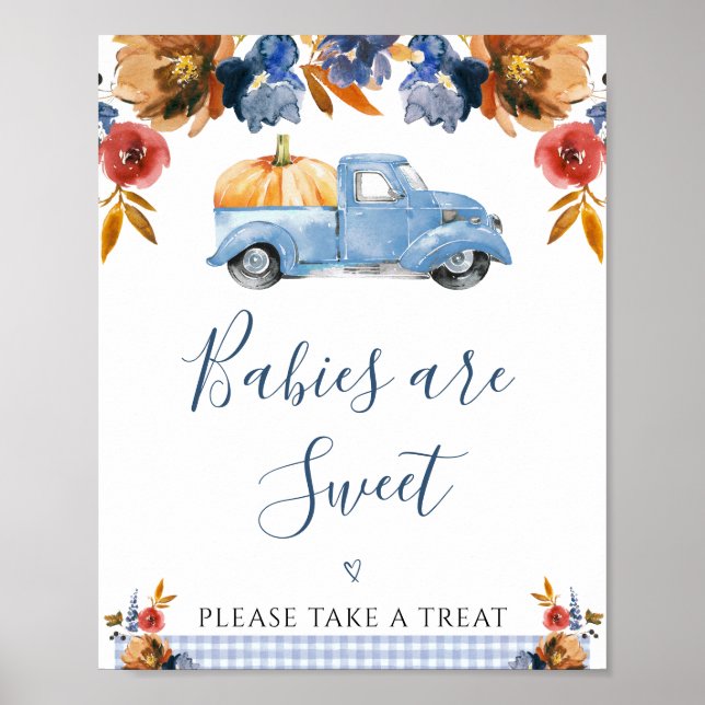 Brown Blue Floral Little Pumpkin Truck Baby Shower Poster (Front)