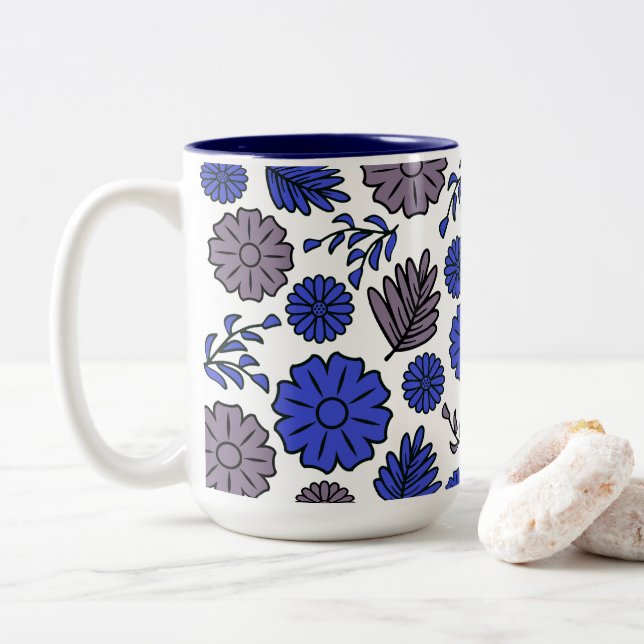 Brown & Blue Floral Two-Tone Coffee Mug (With Donut)