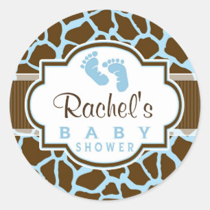 Brown, Blue Giraffe Animal Print Baby Shower Classic Round Sticker