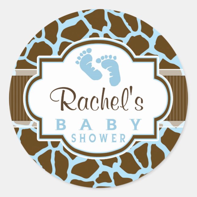 Brown, Blue Giraffe Animal Print Baby Shower Classic Round Sticker (Front)