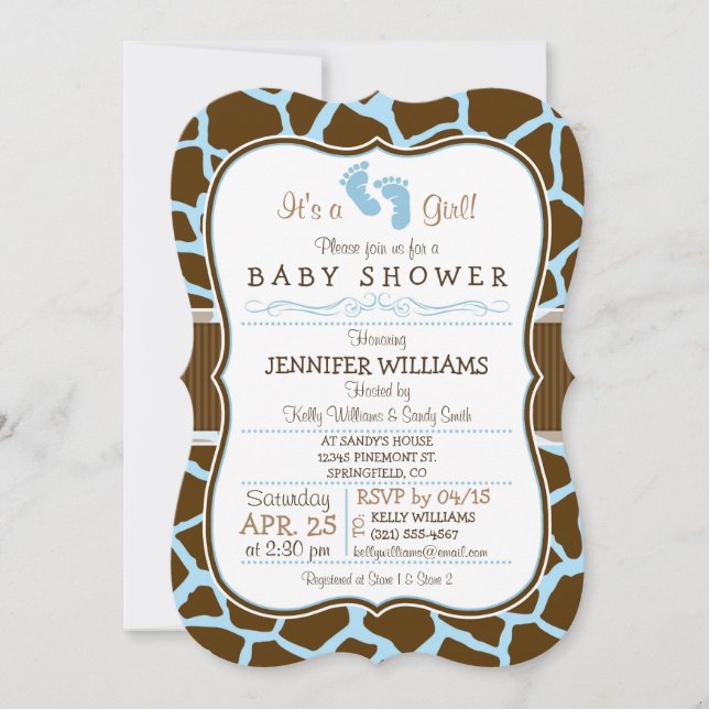 Brown, Blue Giraffe Animal Print Baby Shower Invitation (Front)