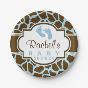 Brown, Blue Giraffe Animal Print Baby Shower Paper Plate