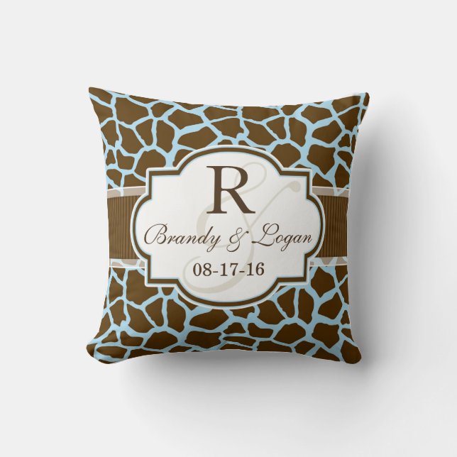 Brown, Blue Giraffe Animal Print Wedding Cushion (Front)