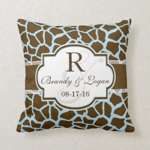 Brown, Blue Giraffe Animal Print Wedding Cushion