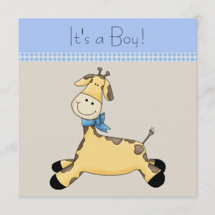 Brown Blue Giraffe Baby Boy Shower Invitation