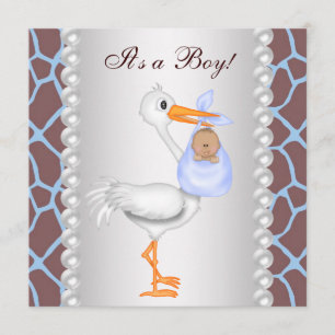 Brown Blue Giraffe Stork Baby Boy Shower Invitation