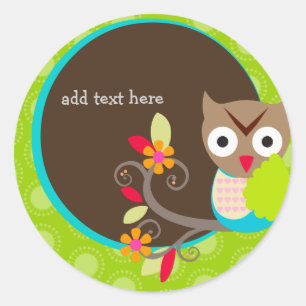 Brown+Blue+Green Owl stickers/add monogram Classic Round Sticker