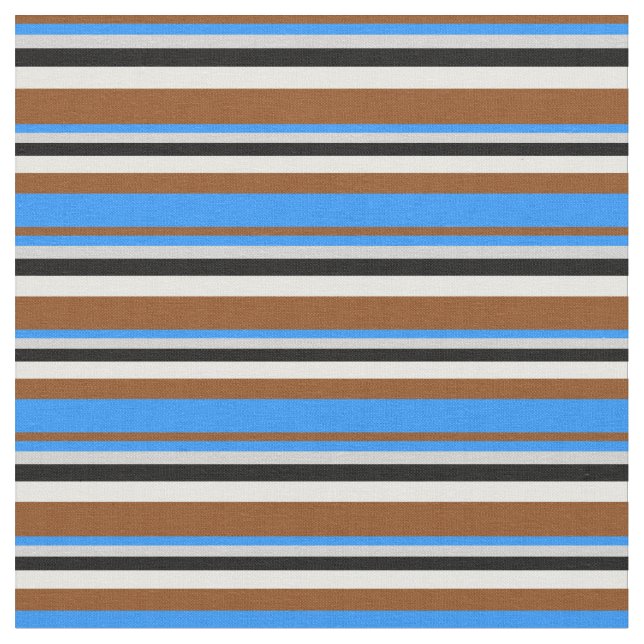 Brown, Blue, Light Grey, Black & Mint Cream Lines Fabric (Close Up)