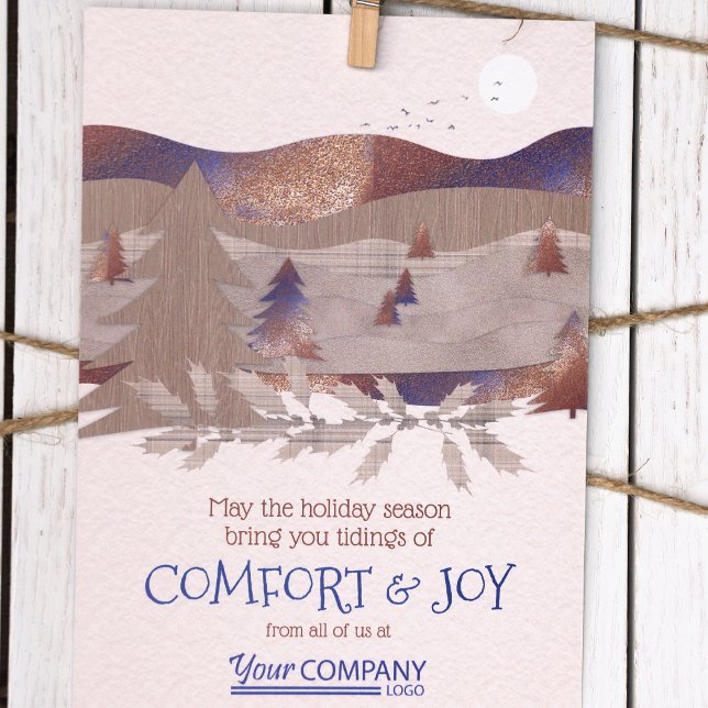 Brown, Blue Logo Rustic Company Holiday Cards (Rustic Brown Forest Trees Blue Brown Logo Company Holiday Christmas Cards Bulk Order Budget)