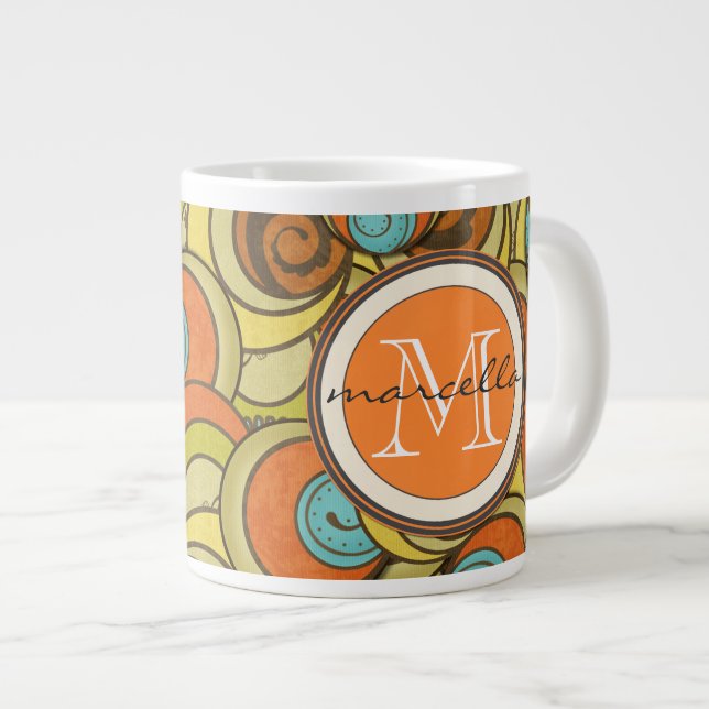 Brown Blue Orange Circles Monogram Large Coffee Mug (Front Right)