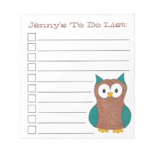 Brown Blue Owl Bird Personalised To Do List Notepad