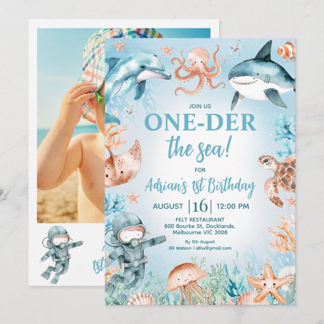 Brown Blue Photo Oneder the Sea 1st Birthday Invitation (Front/Back)