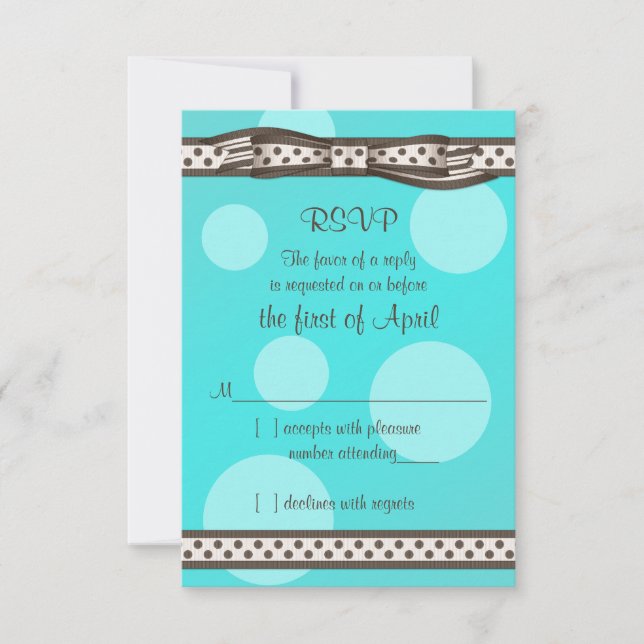 Brown Blue Polka Dot Ribbon Bat Mitzvah Reply Card (Front)