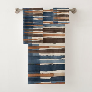 Brown Blue rust and beige abstract Bath Towel Set