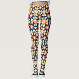Brown Blue Starburst Geometric Pattern Leggings