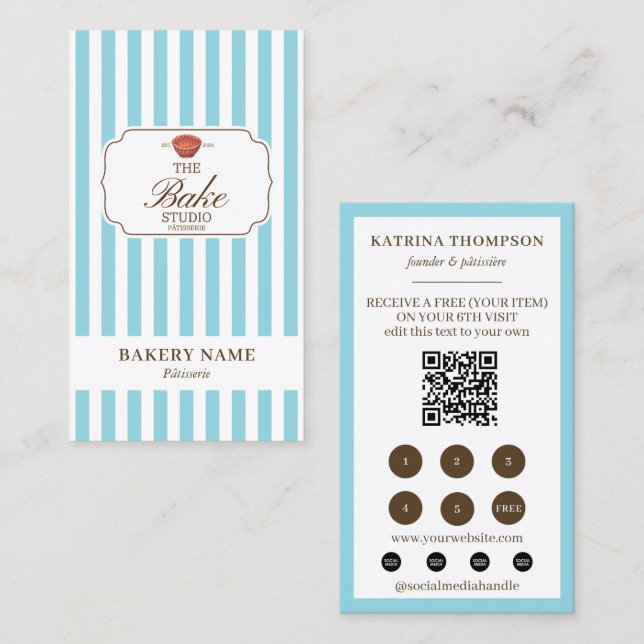 Brown Blue Stripes Bakery Logo Loyalty Punch Business Card (Front/Back)