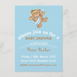 brown blue teddy bear Baby Shower invitation