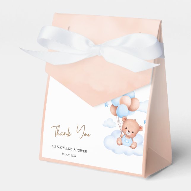 Brown Blue Teddy Bear Balloons Baby Favour Box (Front Side)