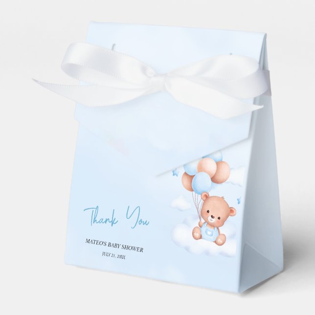 Brown Blue Teddy Bear Balloons Baby Favour Box (Front Side)