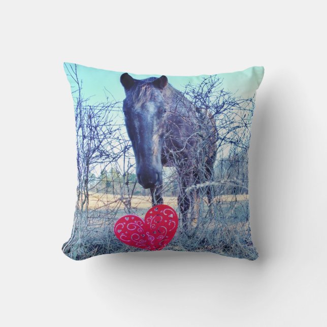 Brown Blue tinted Horse Red Heart Cushion (Front)
