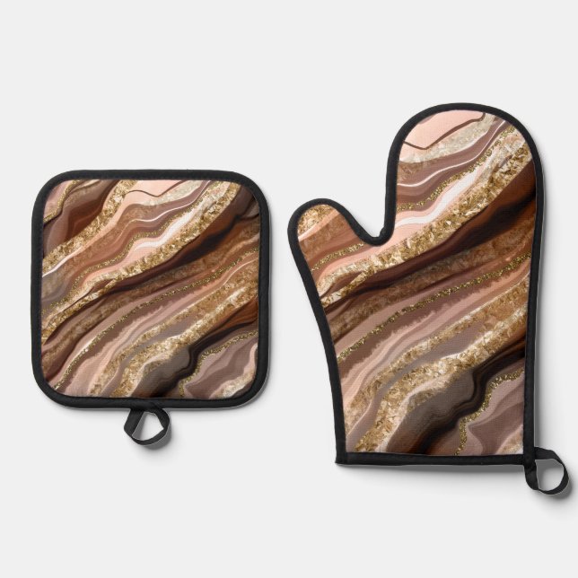 BROWN BLUSH GOLD AGATE LOOK ABSTRACTS OVEN MITT & POT HOLDER SET (Front)