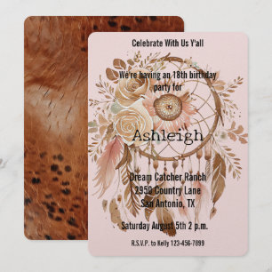 Brown Blush Pink Floral Dream Catcher Birthday Invitation