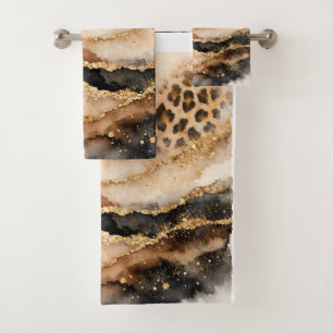 Brown Boho Animal Print, Gold Agate Gold Art Bath Towel Set