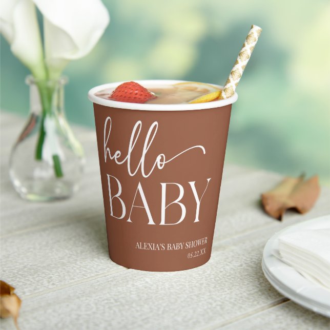 Brown Boho Bohemian Hello Baby Baby Shower Paper Cups (Insitu)