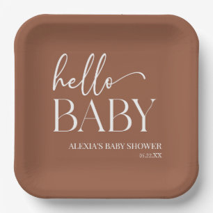 Brown Boho Bohemian Hello Baby Baby Shower Paper Plate